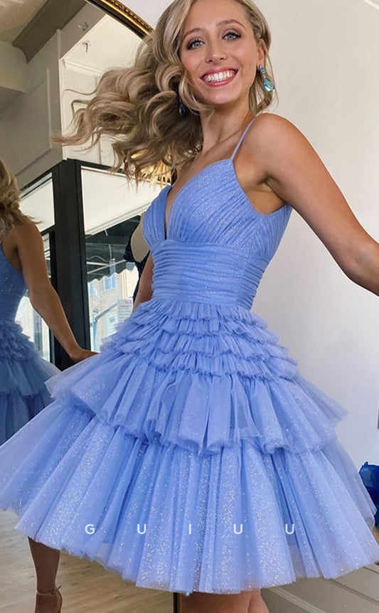GH427 - A Line V Neck Tulle Tiered Short Cute Homecoming Dress