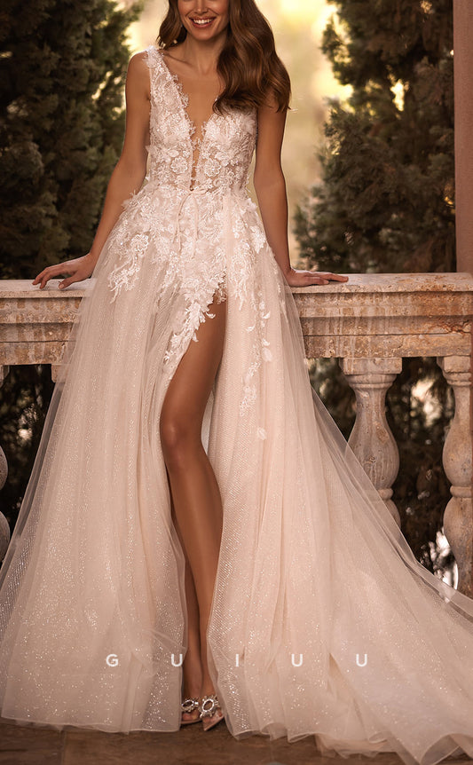 GW122 - A-Line Deep V-Neck Lace Appliques Sparkly Wedding Dress With Slit