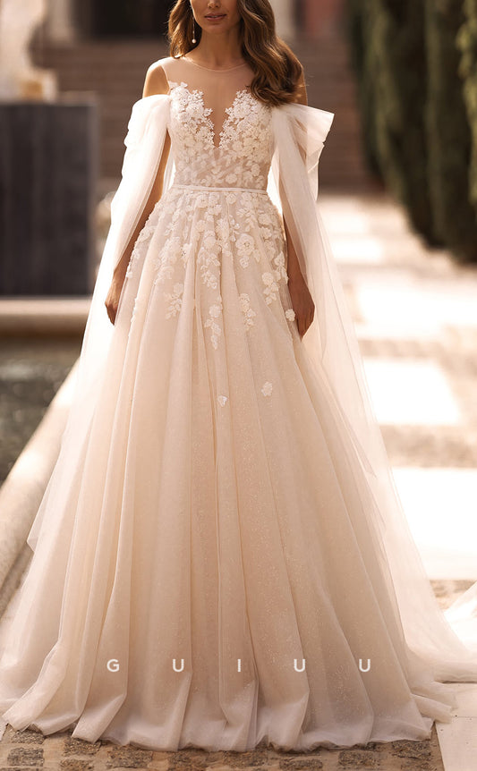 GW124 - A-Line Sheer Lace Appliques Cap Sleeve Sparkly Wedding Dress