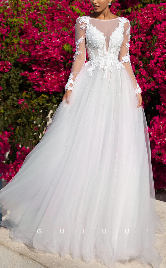 GW125 - A-Line Sparkly Sheer Lace Appliques V-Neck Wedding Dress