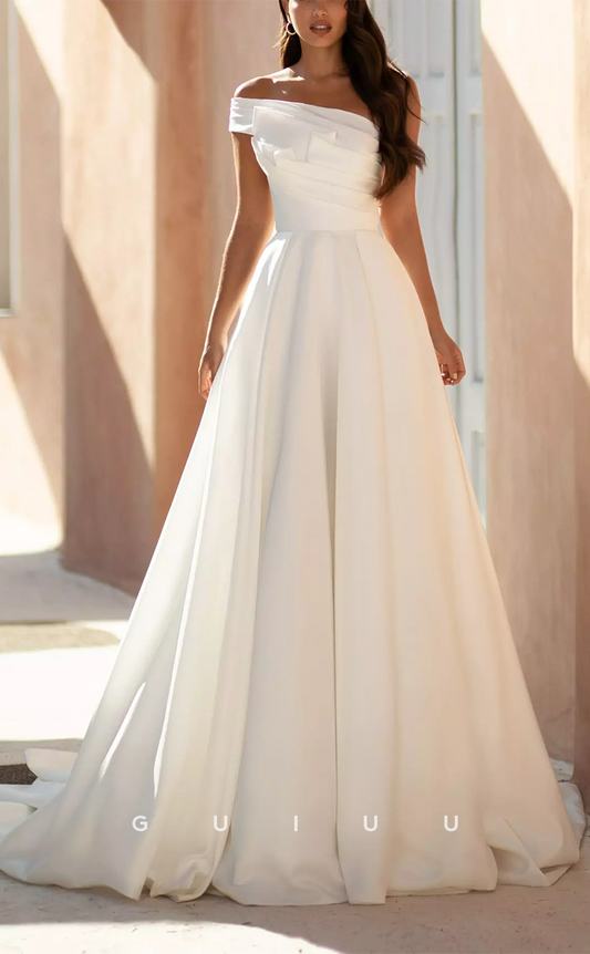 GW128 - Elegant Satin A-Line One-Shoulder Pleats Wedding Dress With Slit