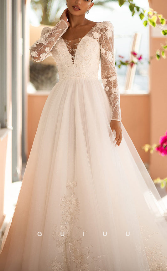 GW129 - A-Line Sheer V-Neck Lace Appliques Long Sleeves Wedding Dress