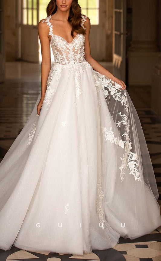 GW132 - Elegant A-Line Straps Sparkly Sheer Appliques Lace Wedding Dress