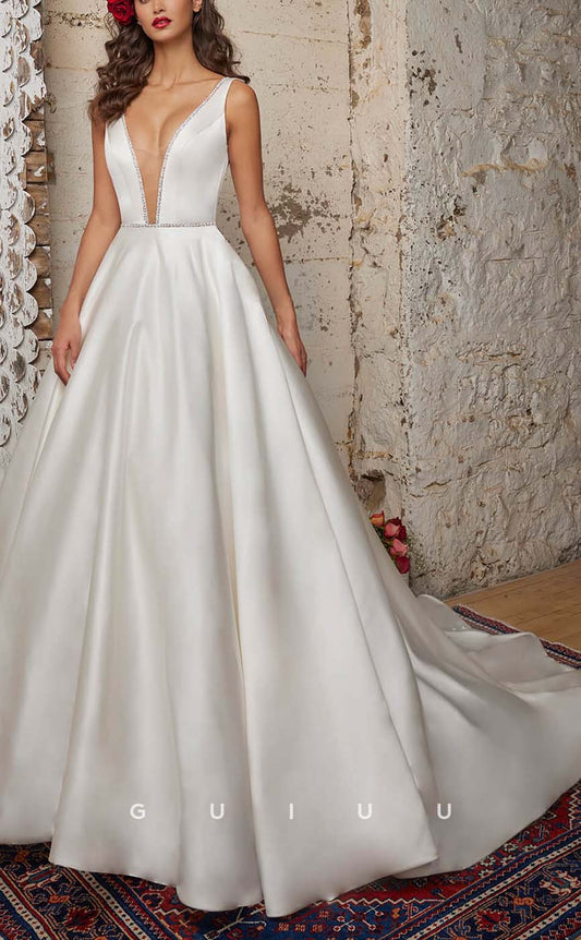 GW133 - Elegant & Luxurious A-Line Deep V-Neck Beaded Satin Wedding Dress