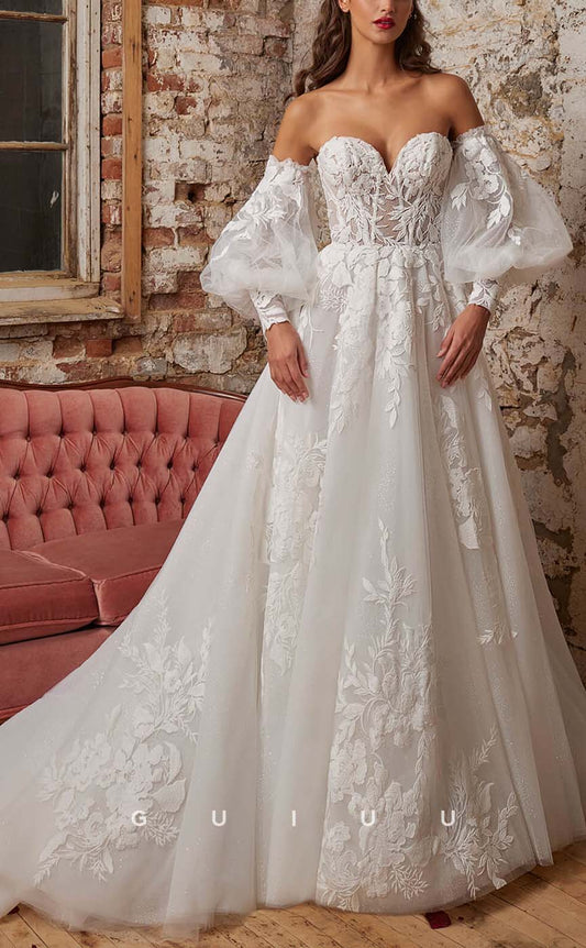 GW135 - Elegant & Luxurious A-Line Sweetheart Lace Appliques Wedding Dress