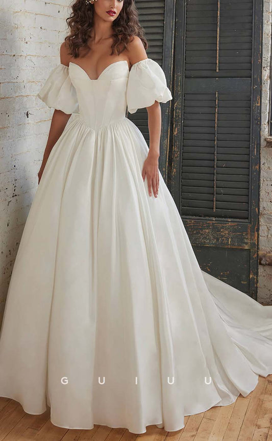 GW136 - Classic A-Line Sweetheart Detachable Puff Sleeves Satin Wedding Dress
