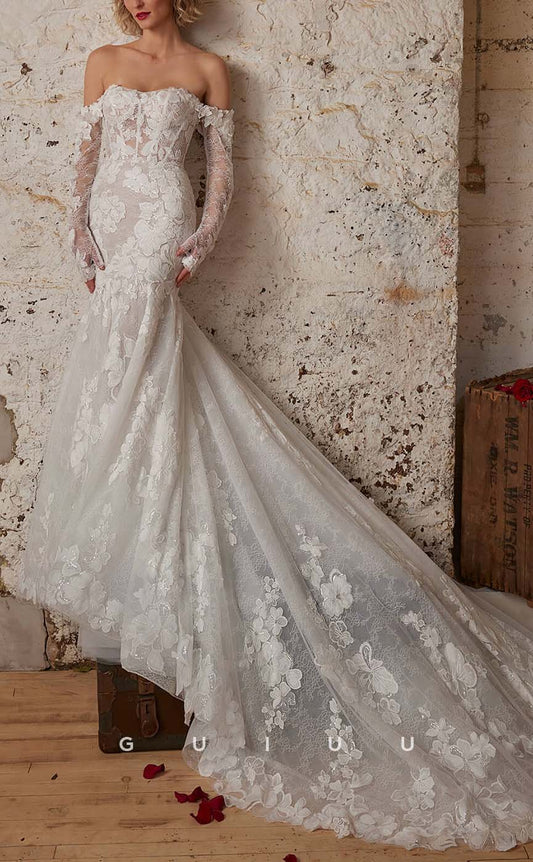 GW137 - Sheath/Column Off-Shoulder Appliques Lace Mermaid Wedding Dress