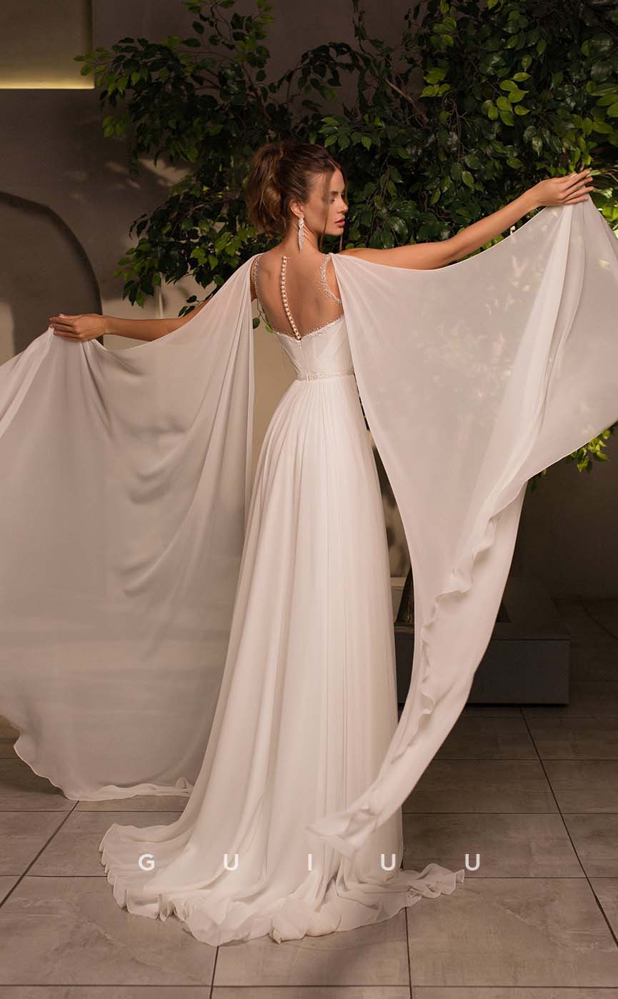 GW140 - Unique V-Neck Long Cap Sleeves Sheer Boho Wedding Dress With Slit