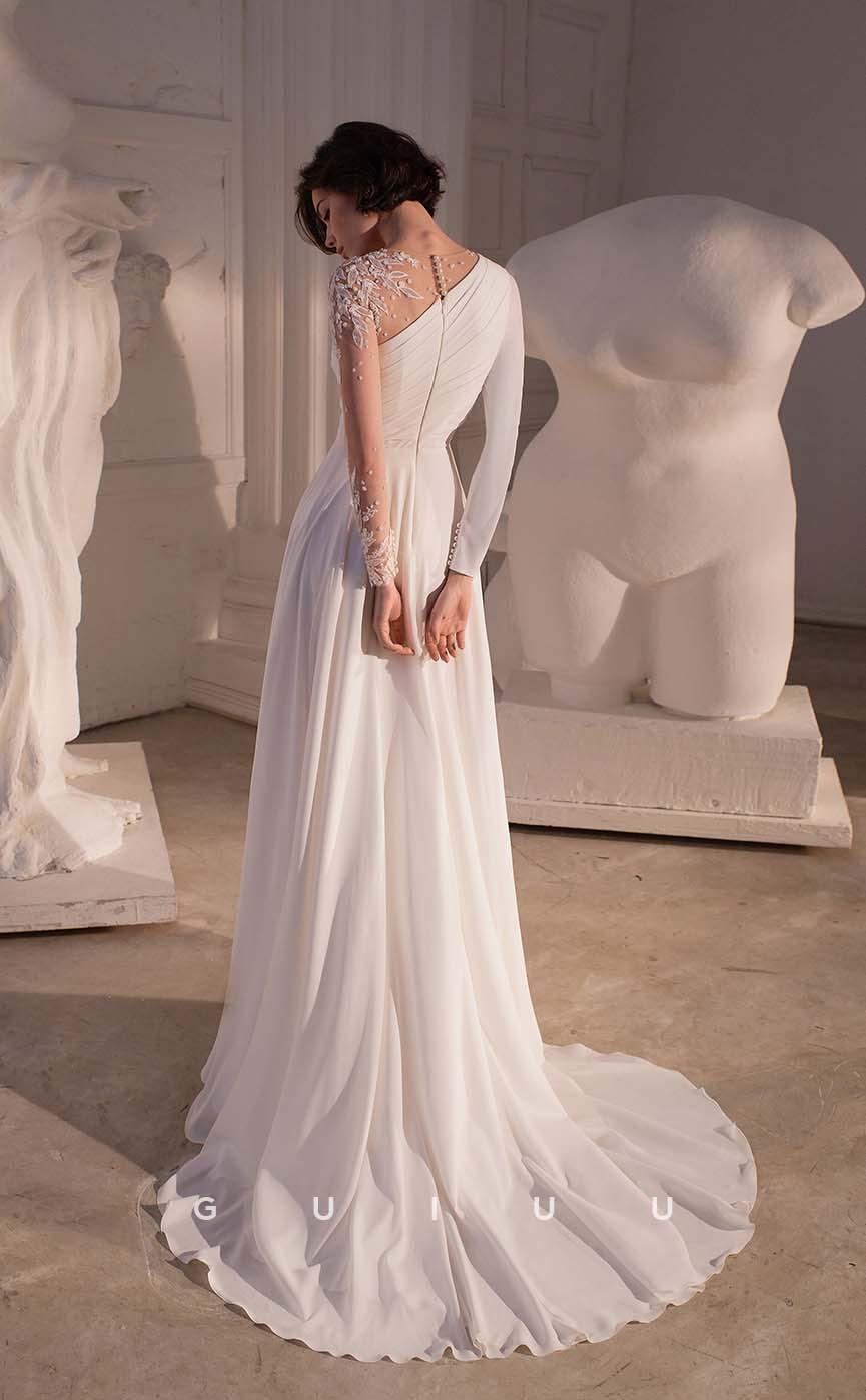 GW141 - Chic & Modern Pleats Sheer Lace Appliques Boho Wedding Dress With Slit