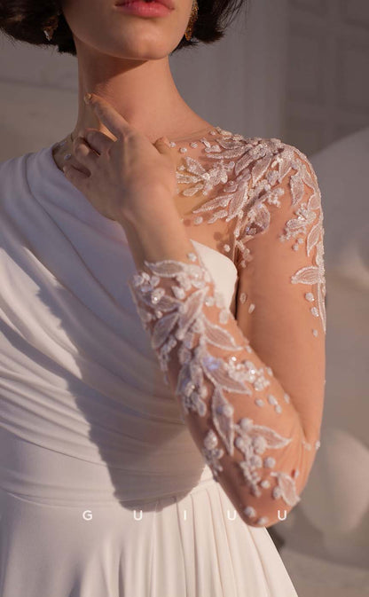 GW141 - Chic & Modern Pleats Sheer Lace Appliques Boho Wedding Dress With Slit