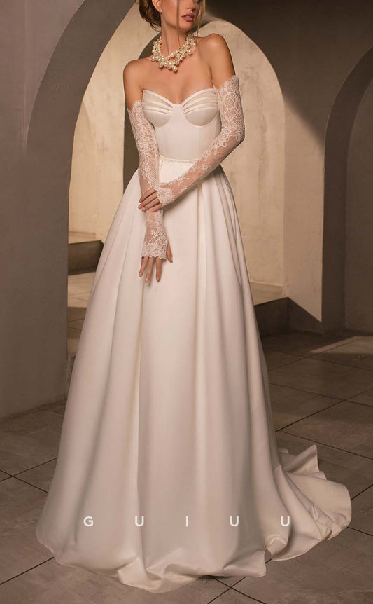 GW144 - Classic A-Line Off-Shoulder Lace Sleeves Satin Wedding Dress