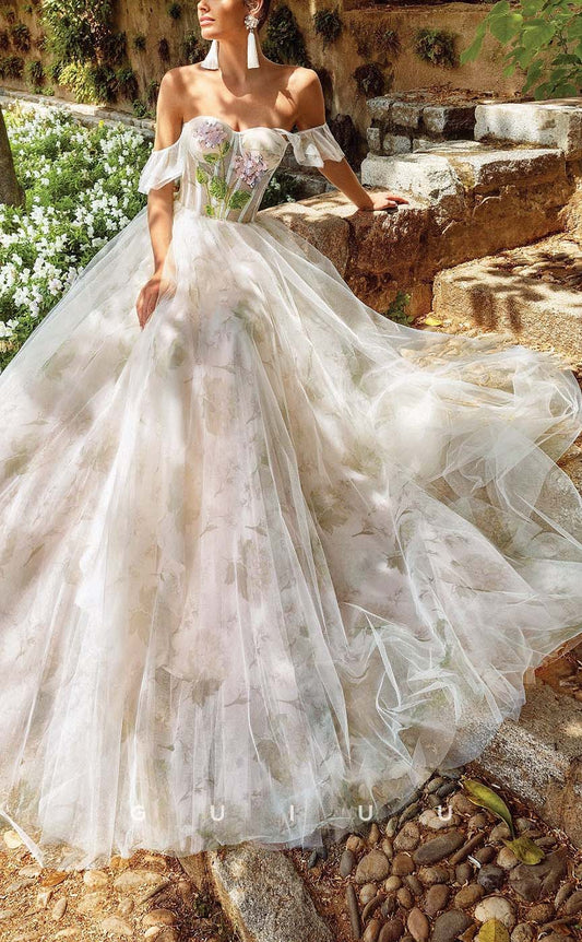 GW146 - Chic & Modern Off-Shoulder Sheer Sequins Ball Gown Print Wedding Dress