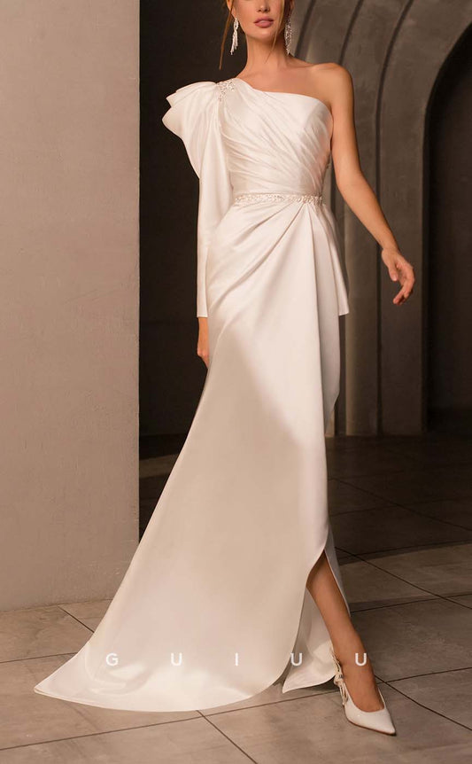 GW148 - Fashion Sheath/Column One-Shoulder Pleats Satin Wedding Dress