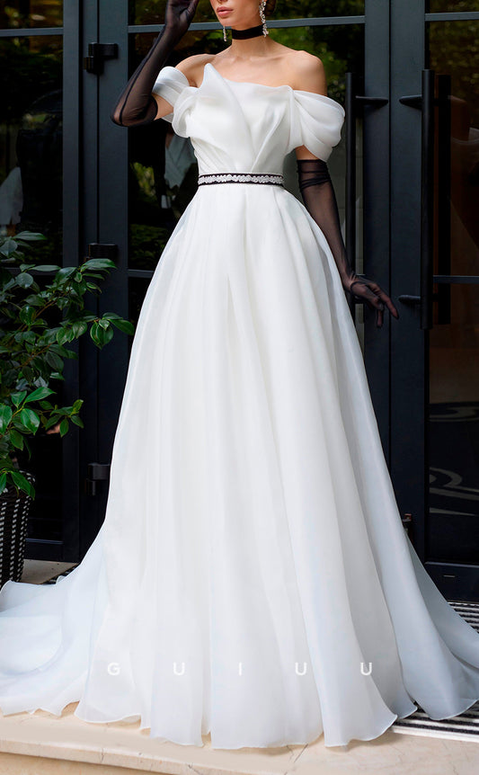 GW149 - Elegant & Luxurious A-Line Off-Shoulder Pleats Floor Wedding Dress