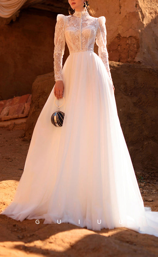 GW150 - Chic & Modern A-Line Lace Sheer Gown Floor Beach Wedding Dress