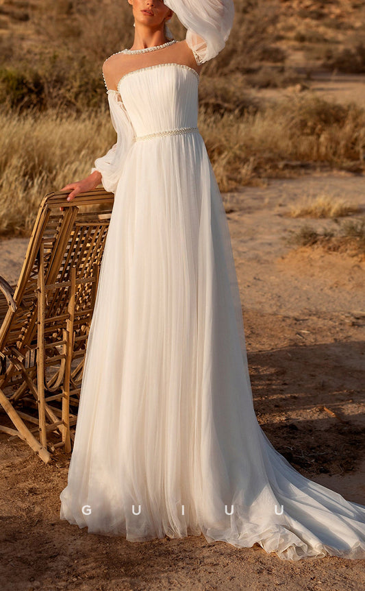 GW152 - A-Line Tulle Off-Shoulder Beaded Beach Wedding Dress