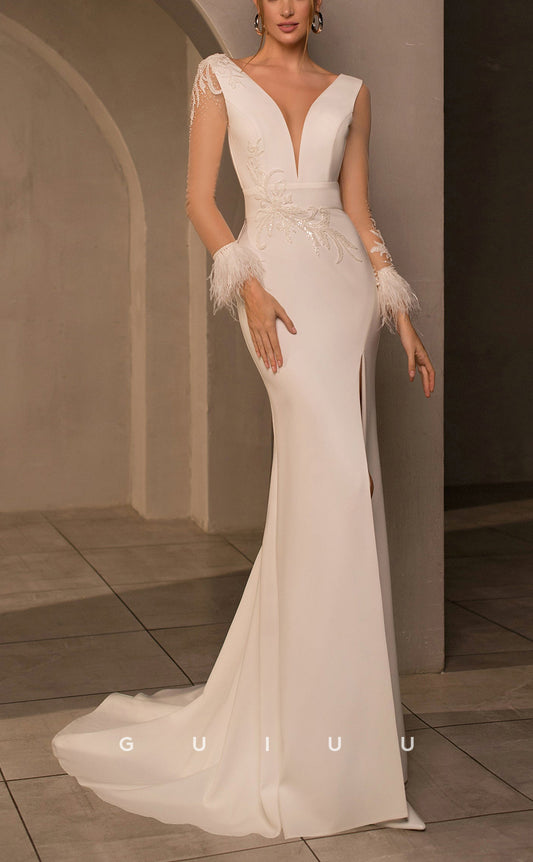 GW159 - Sexy & Hot V-Neck Satin Beaded Mermaid Wedding Dress With Feather