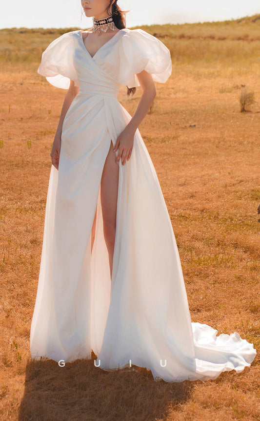 GW164 - A-Line Puff Sleeves Satin Boho Wedding Dress With Side Slit