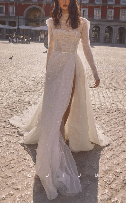 GW165 - Elegant & Luxurious A-Line Sparkly Boho Wedding Dress With Train