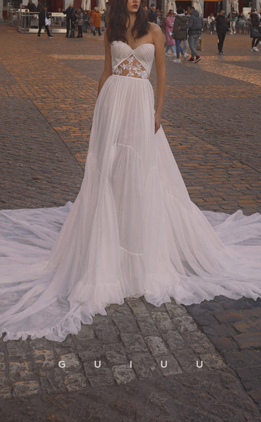GW168 - A-Line Straps Lace Applique Wedding Dress With Train