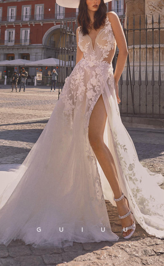 GW169 - Elegant & Luxurious A-Line Lace Sheer Straps Weddding Dress With Slit