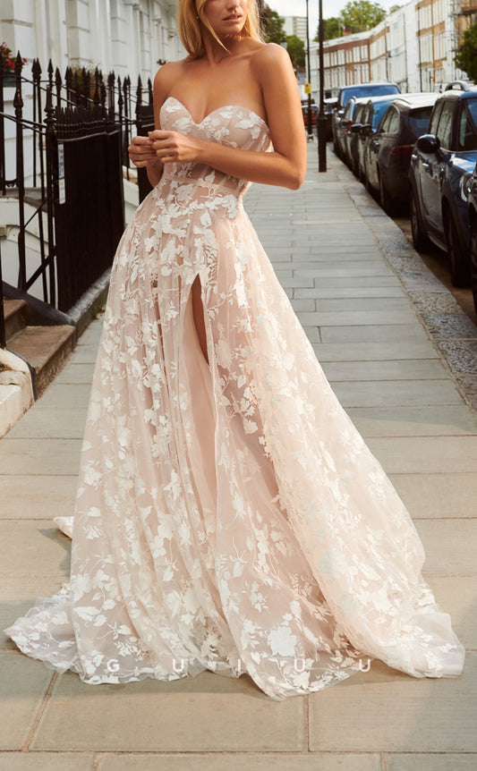 GW170 - A-Line Straps Lace Applique Sheer Wedding Dress With Slit