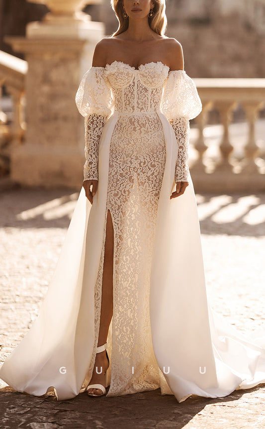GW175 - Elegant Off-Shoulder Allover Lace Wedding Dress With Detachable Train