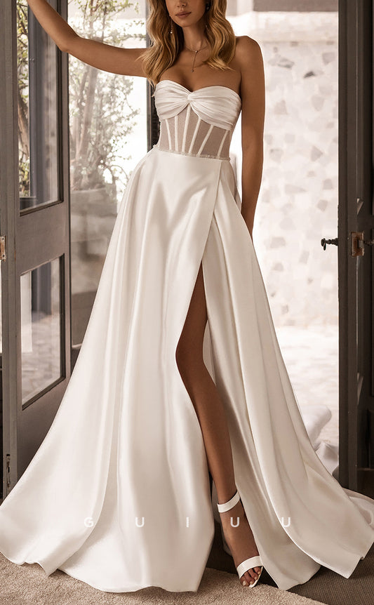 GW177 - Simple A-Line Strapless Sheer Beach Wedding Dress With Slit