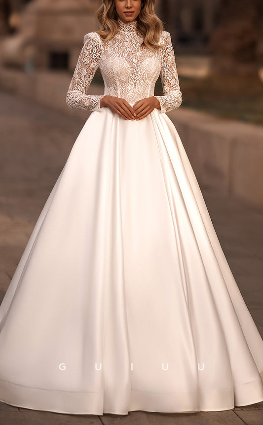 GW178 - A-Line Lace Satin High Neck Illusion Cutout Wedding Dress