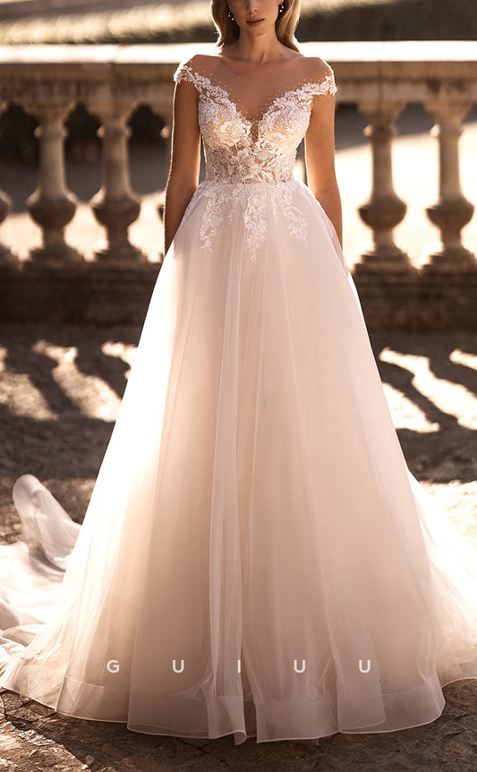 GW182 - Elegant & Luxurious Off-Shoulder Lace Applique Wedding Dress