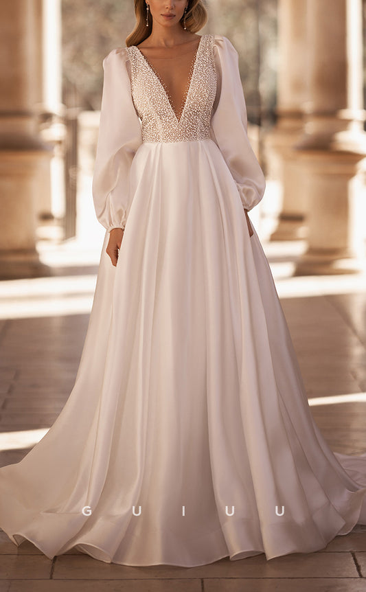 GW183 - Chic & Modern Beaded V-Neck Long Beach Wedding Dress