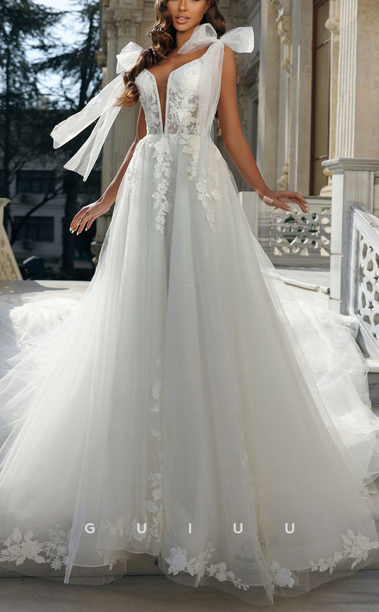 GW186 - Elegant & Luxurious Deep V-Neck Ball Gown Wedding Dress With Bow