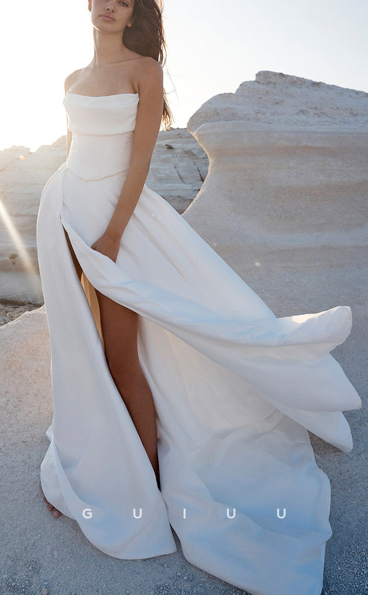 GW193 - Simple A-Line Strapless Pleats Floor Beach Wedding Dress