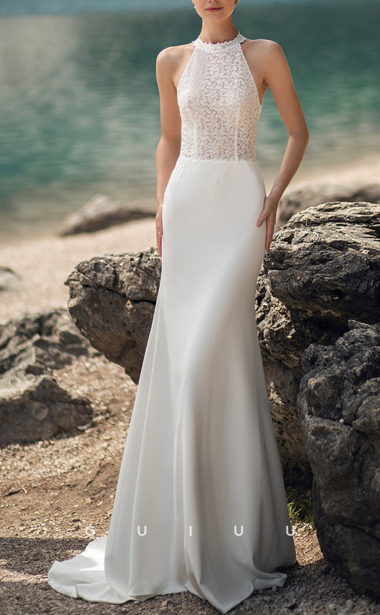 GW198 - Elegant Halter Lace Mermaid Beach Wedding Dress