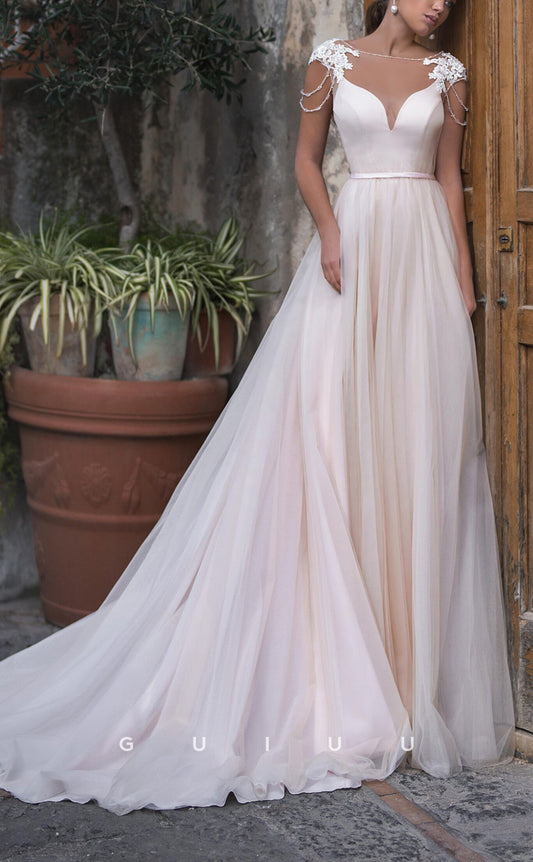 GW201 - Classic & Timeless A-Line Tulle V-Neck Applique Long Beach Wedding Dress