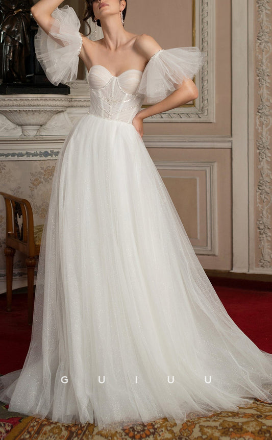 GW205 - A-Line Off-Shoulder Shimmer Tulle Long Beach Boho Wedding Dress