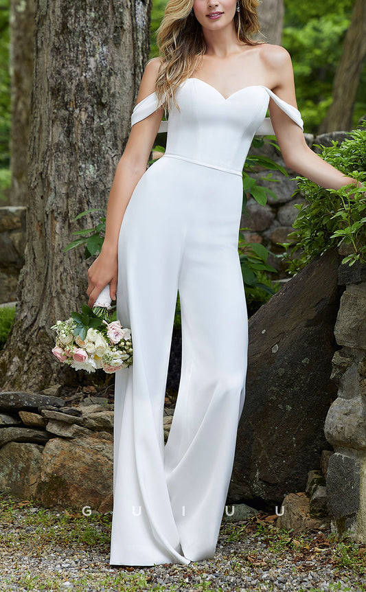 GW207 - Simple Satin Off-Shoulder Jumpsuits Beach Wedding Dress Bridal Gowns
