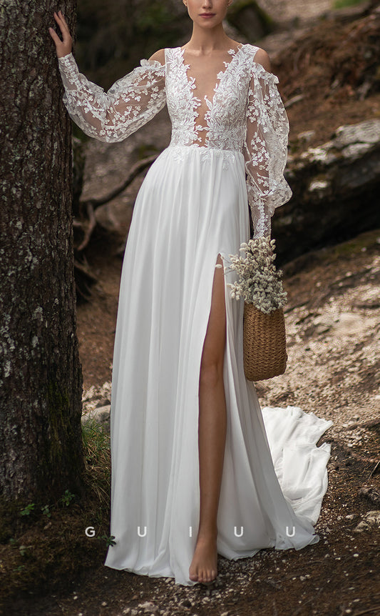 GW210 - Classic & Timeless A-Line V-Neck Lace Tulle Beach Boho Wedding Dress