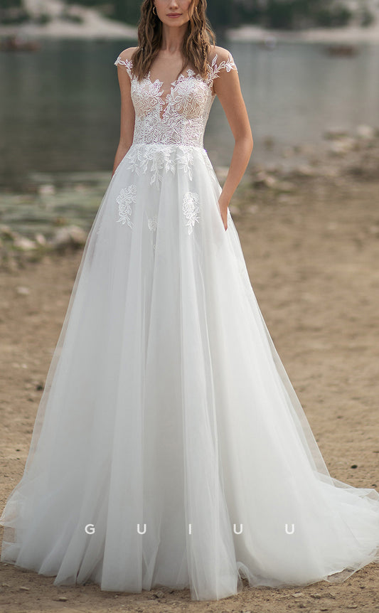 GW211 - Simple A-Line Off-Shoulder Lace Applique Long Beach Boho Wedding Dress