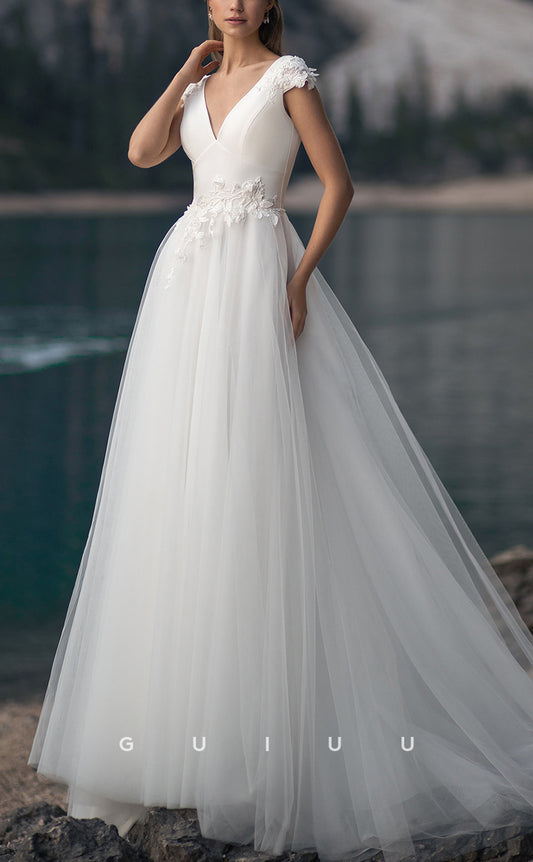GW214 - A-Line Satin V-Neck Applique Long Beach Boho Wedding Dress
