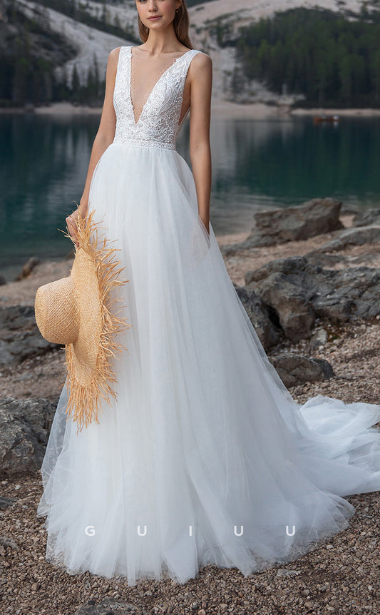 GW215 - Classic & Timeless A-Line Tulle V-Neck Applique Wedding Dress
