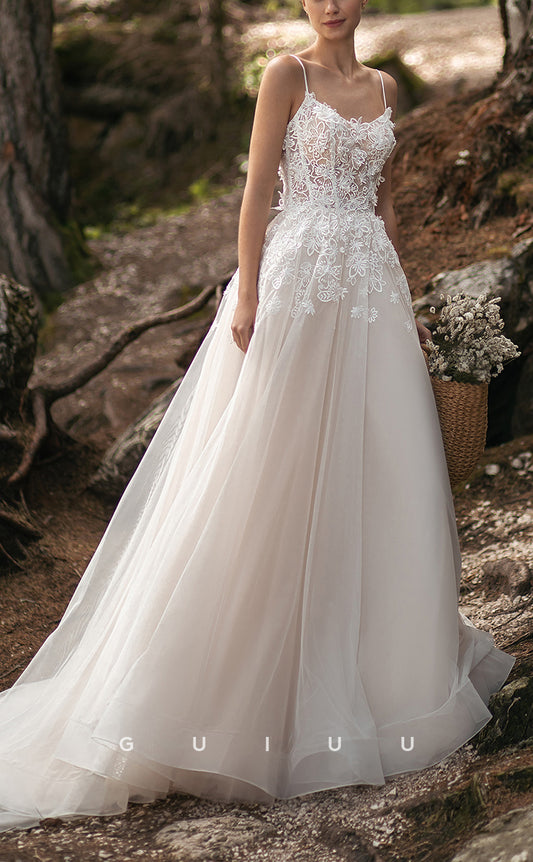 GW216 - A-Line Tulle Straps Lace Applique Beach Wedding Dress For Bridal Gown