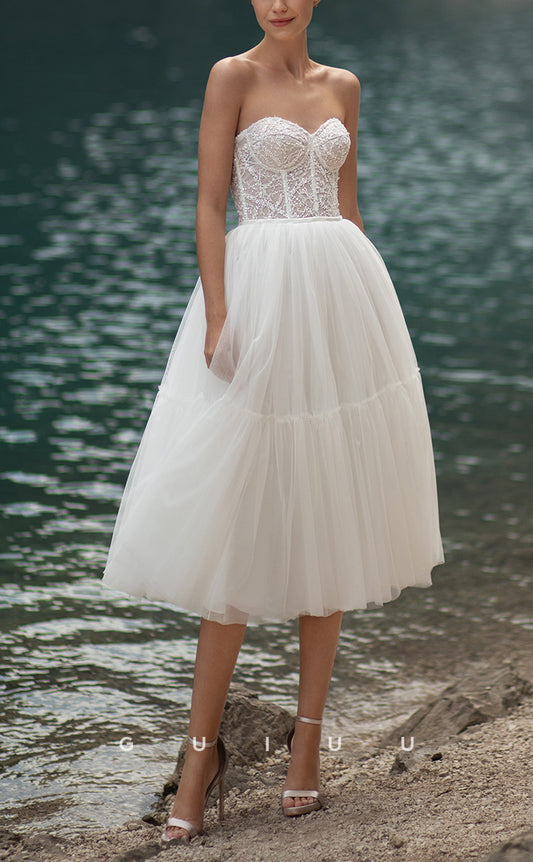 GW217 - A-Line Tulle Strapless Lace Sequins Short Beach Wedding Dress
