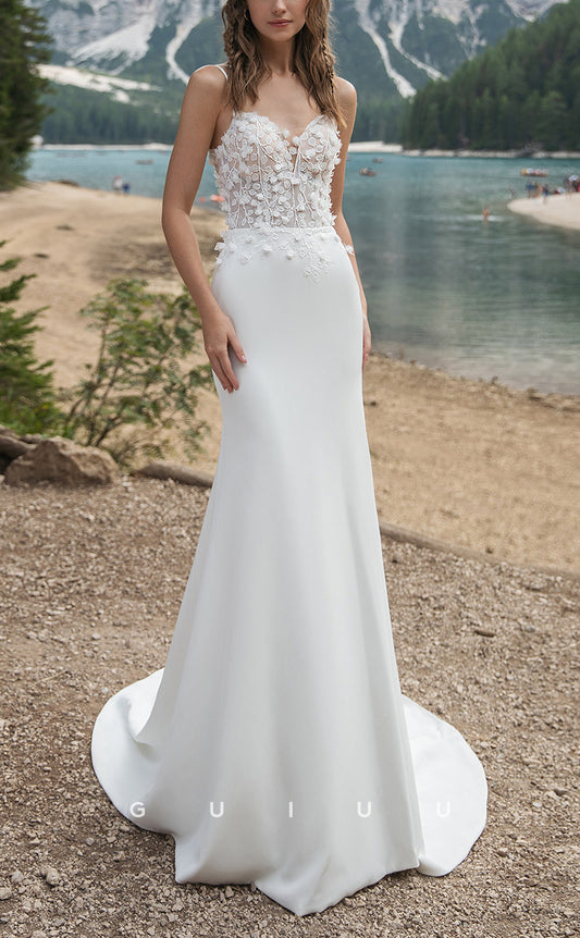 GW218 - Sexy Sheath Straps Floral Embossed Mermiad Long Beach Boho Wedding Dress