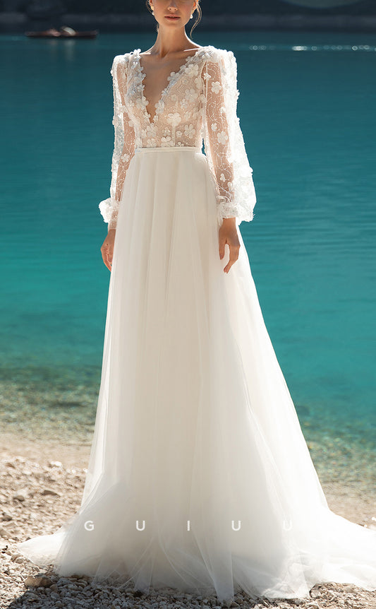 GW219 - Elegant & Luxurious A-Line V-Neck Floral Embossed Wedding Boho Dress