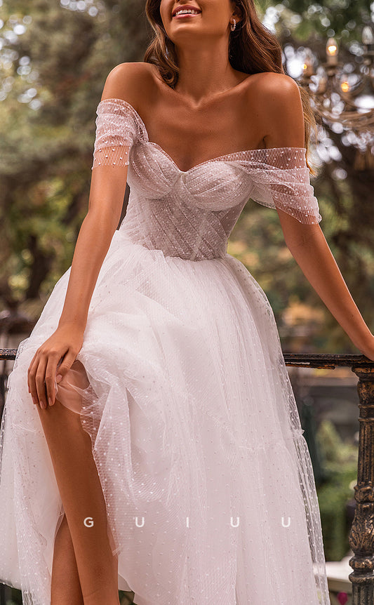 GW220 - Classic Simple Off-Shoulder Tulle Short Wedding Beach Boho Dress