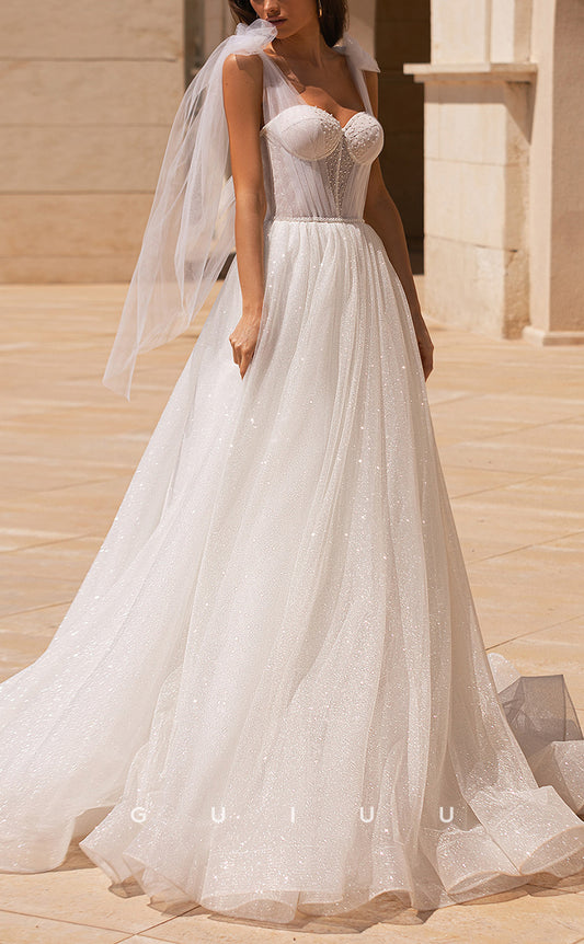 GW222 - Classic A-Line Shimmer Sweetheart Bow Long Beach Boho Wedding Dress