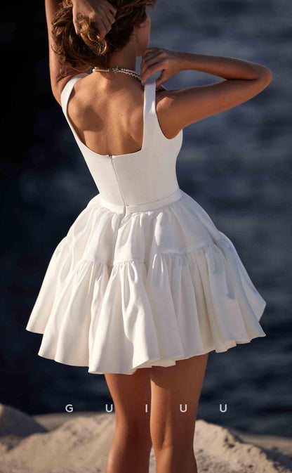 GW224 - Chic & Modern Satin White Square Neck Mini Beach Wedding Dress Evening Dress