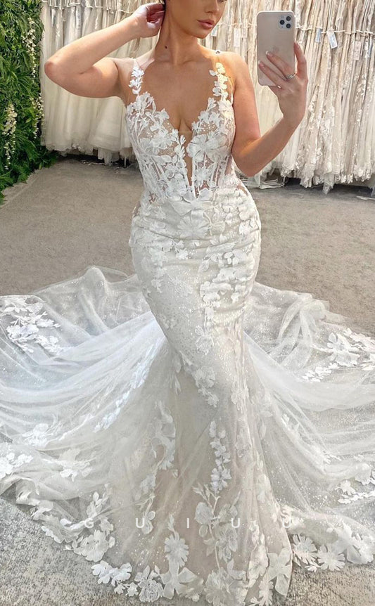 GW226 - Elegant & Luxurious Mermaid V-Neck Applique Sparkly Wedding Boho Beach Dress