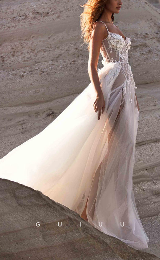 GW228 -  Chic & Modern Straps Sheer Applique Beach Boho Wedding  Dress With Slit